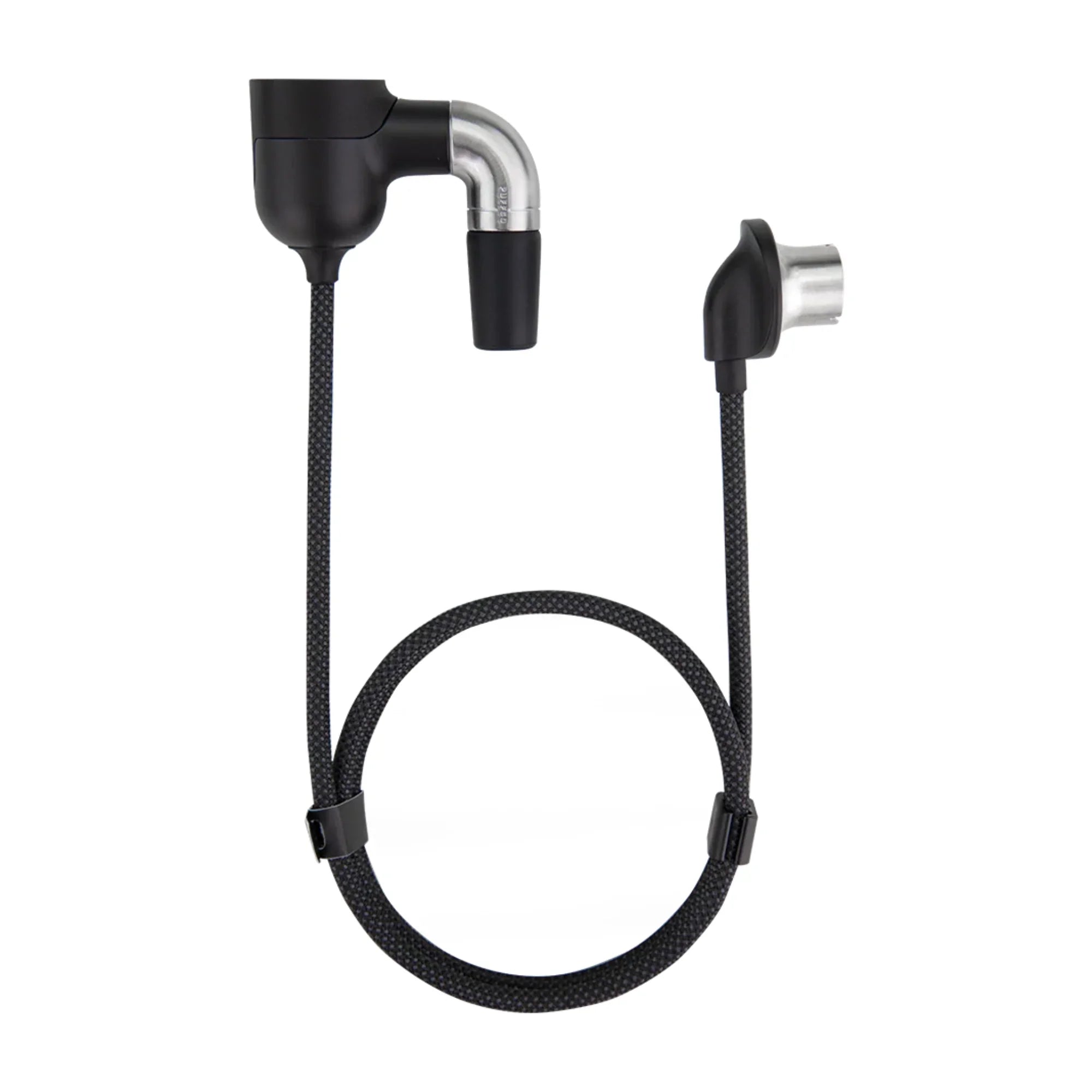Black and silver vaporizer accessory hose with angled metal connector and braided cable