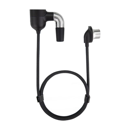 Black and silver vaporizer accessory hose with angled metal connector and braided cable