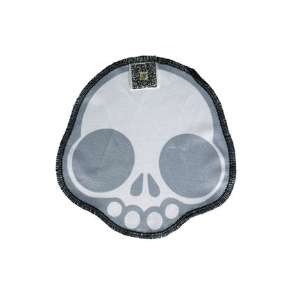 Round microfiber cleaning cloth with skull design and QR code, smoke shop accessory