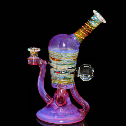Heady glass water pipe with colorful swirls and intricate design on a black background.