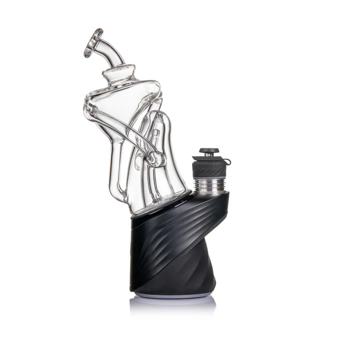Modern glass vaporizer attachment with clear recycler design and black silicone base