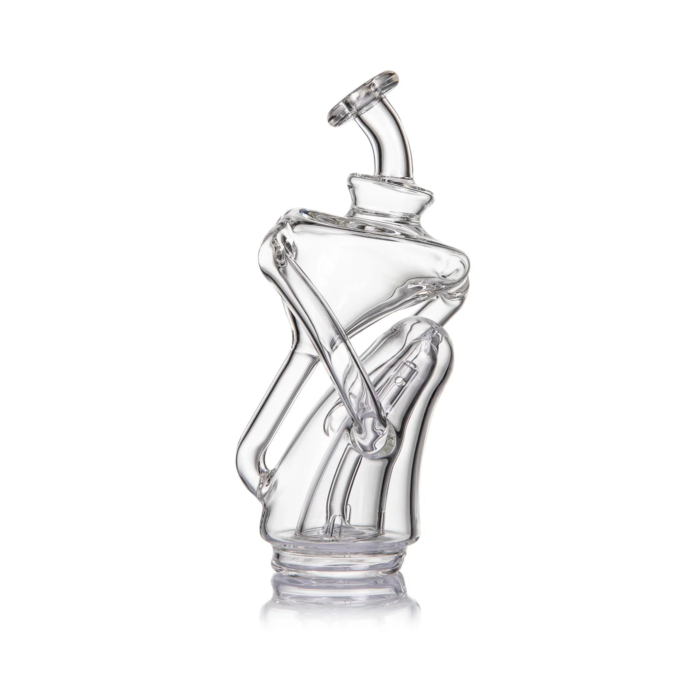 Clear scientific glass recycler dab rig with bent neck and intricate tubing design