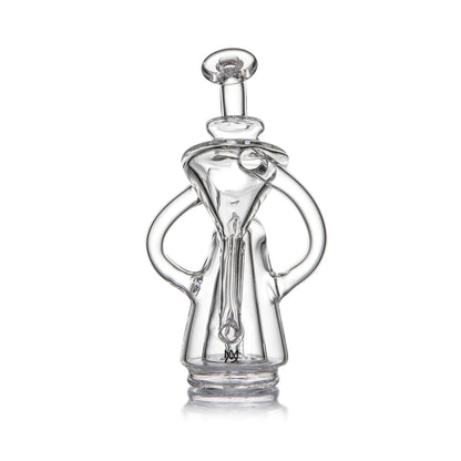 Clear glass recycler water pipe with unique sculpted curves on white background