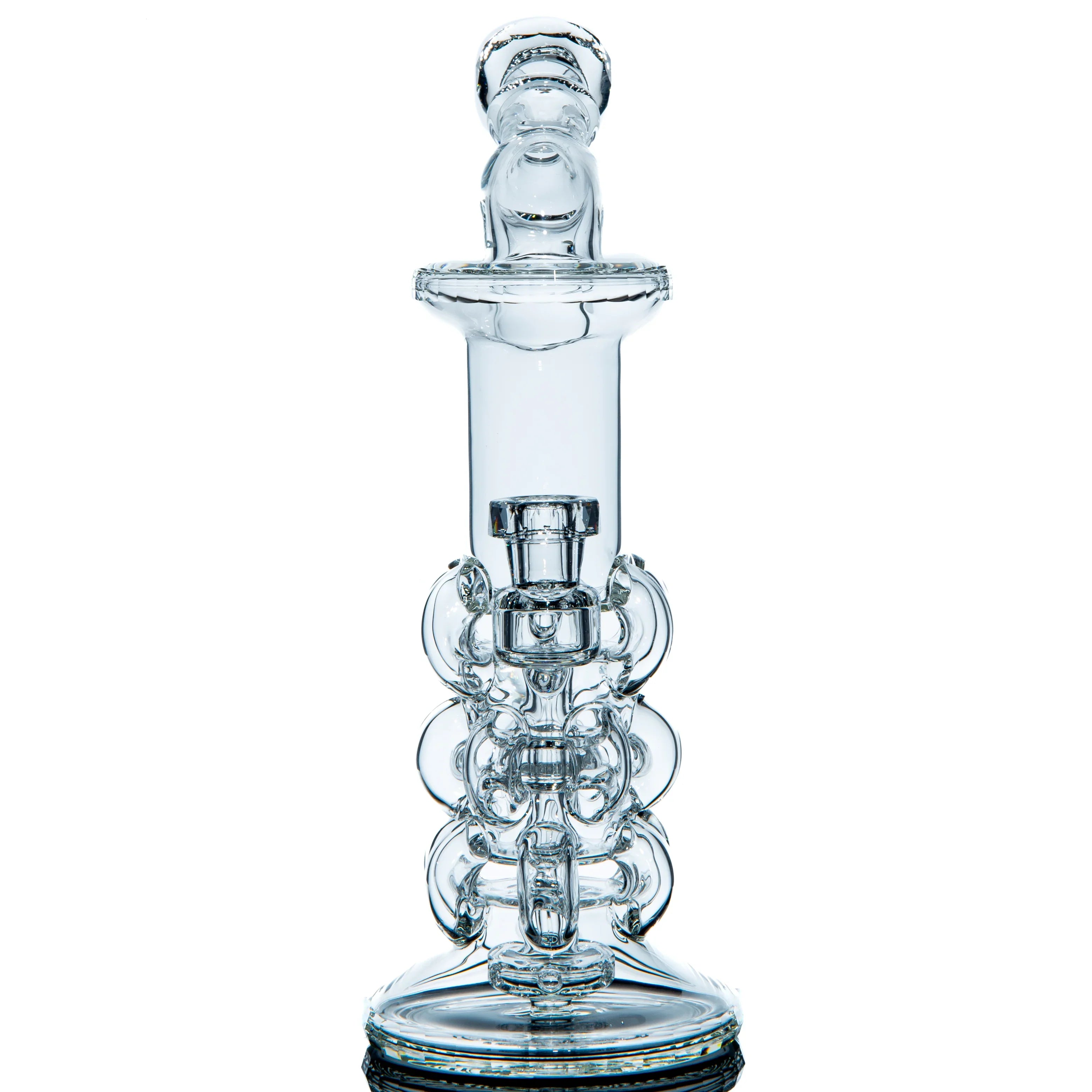 Clear glass water pipe with intricate recycler design on white background