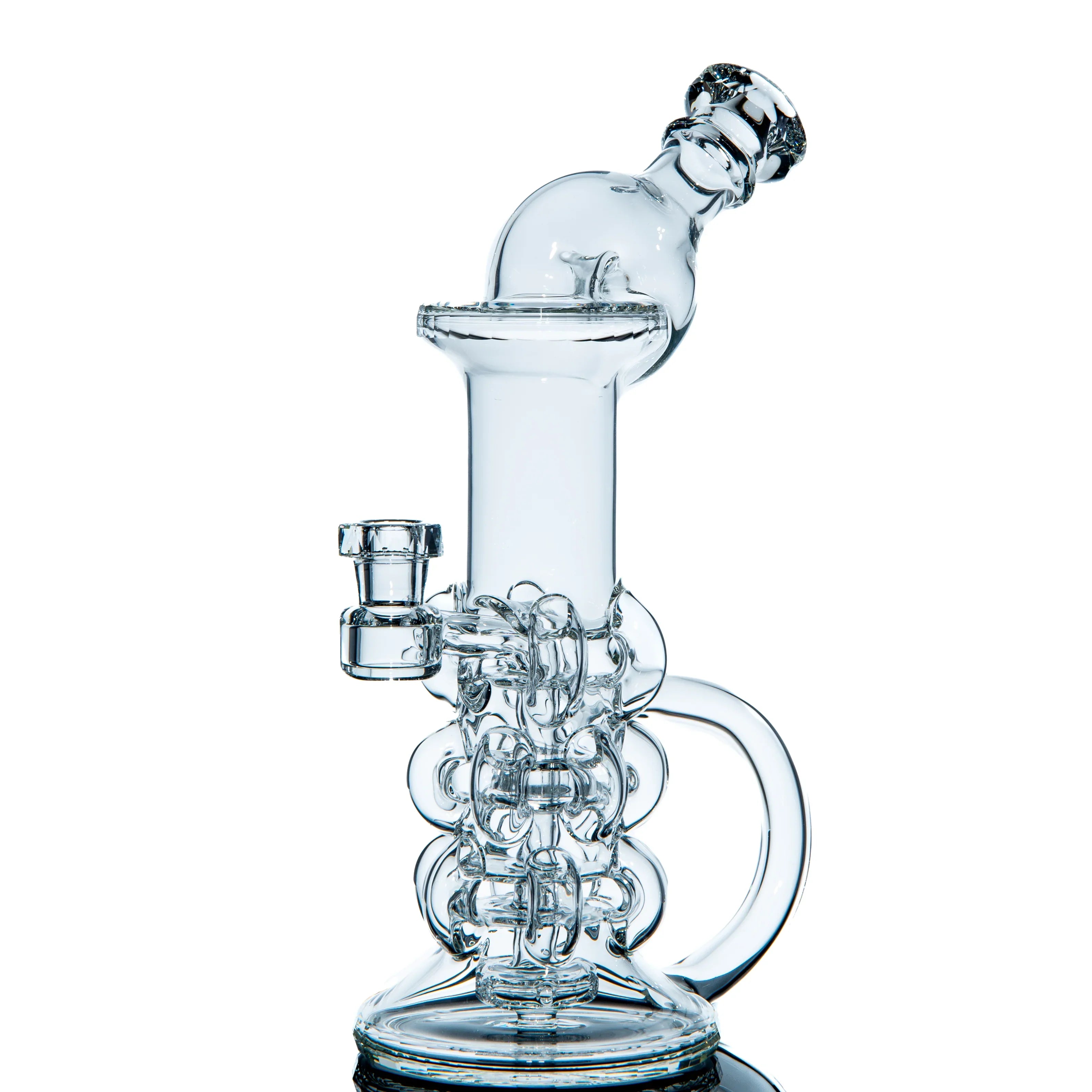 Clear glass recycler water pipe with intricate percolator design on white background