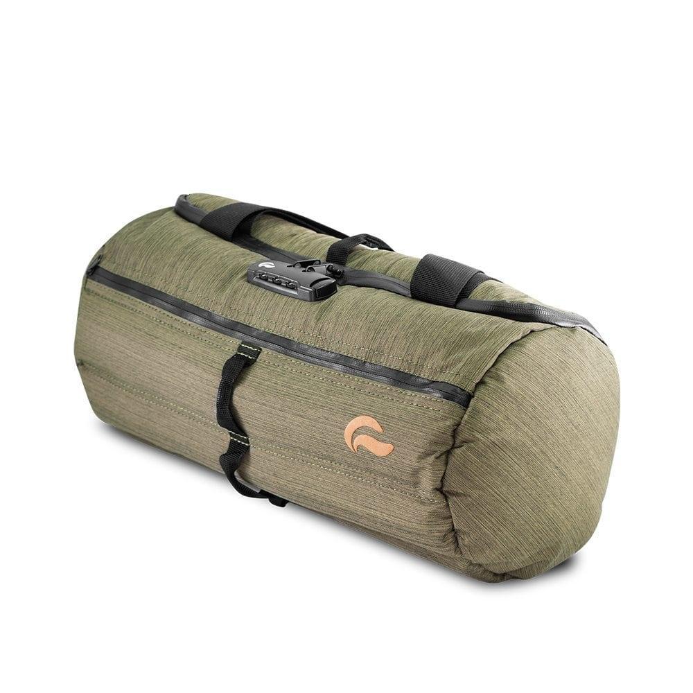 Olive green odor-proof duffle bag with locking zipper and black straps