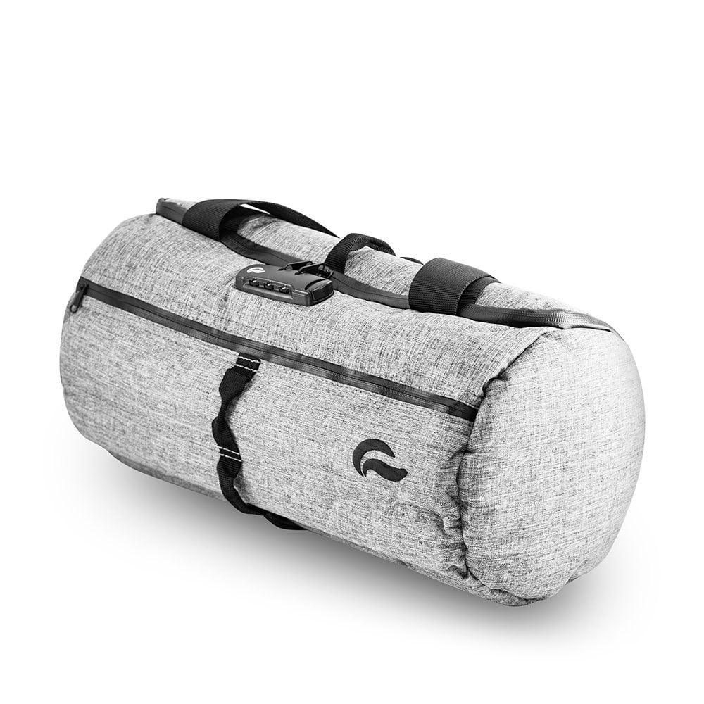 Gray odor-proof duffle bag with zipper, lock, and carrying straps on white background