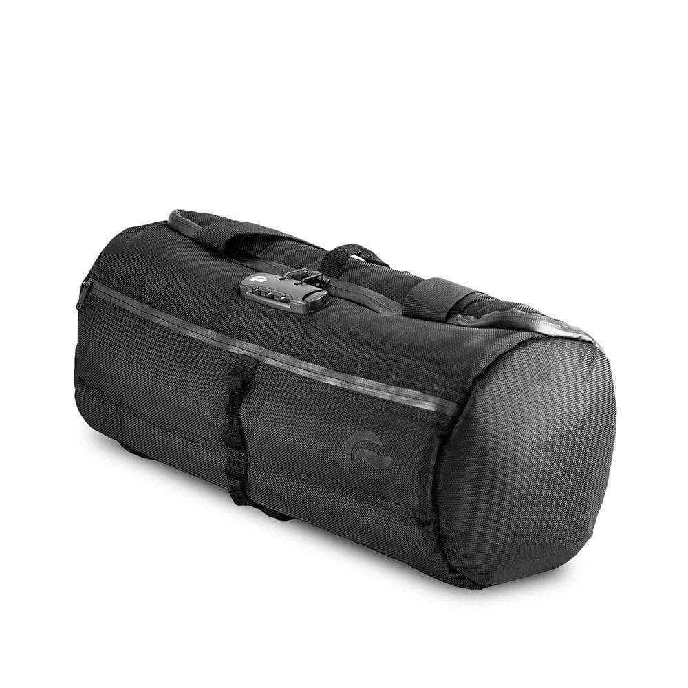 Black odor-proof duffle bag with zipper closure and built-in combination lock