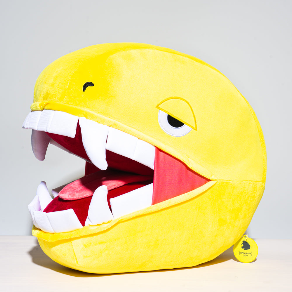 Elbo - Peluche amarillo con cabeza de raptor de boca abierta