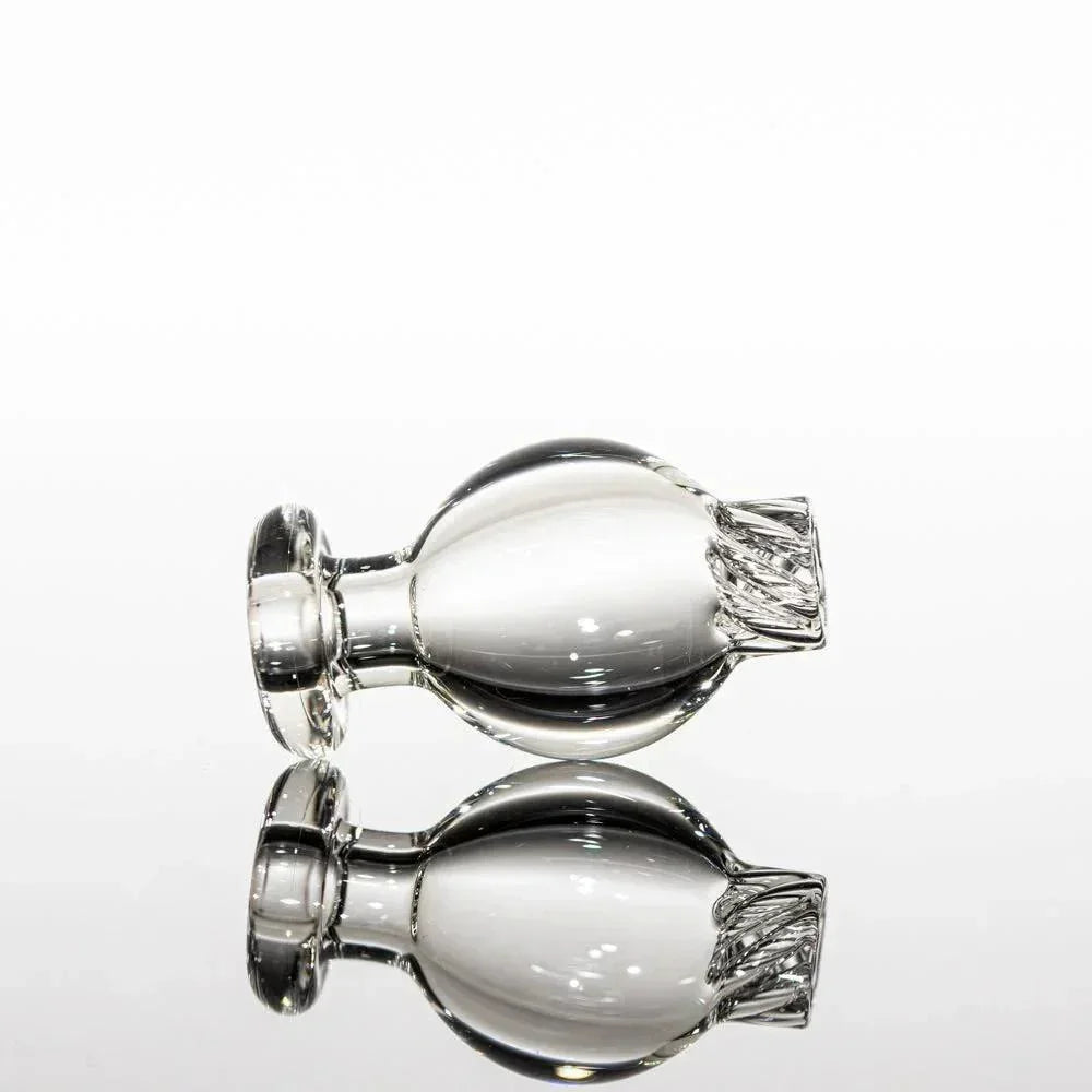 Clear glass pipe with textured mouthpiece, reflective surface, heady glass accessory