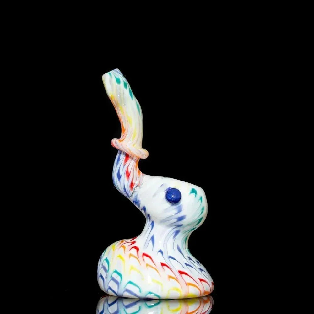 Colorful glass rabbit pipe with rainbow swirls and blue eye, heady glass art piece