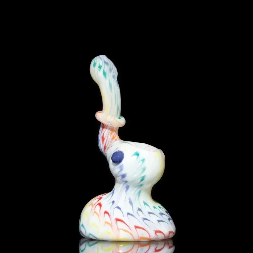 Colorful rainbow glass pipe with swirls and blue accent, heady glass art for smoking
