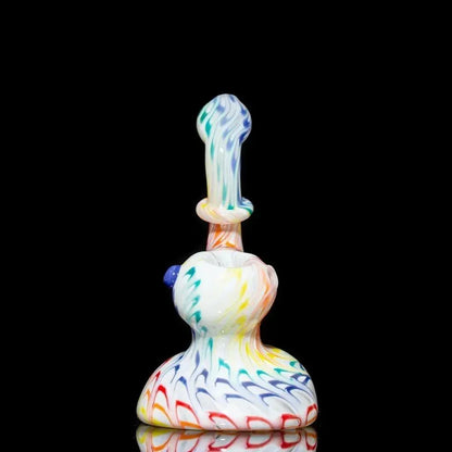 Colorful hand-blown glass bubbler with rainbow swirls and blue accents, studio shot on black background