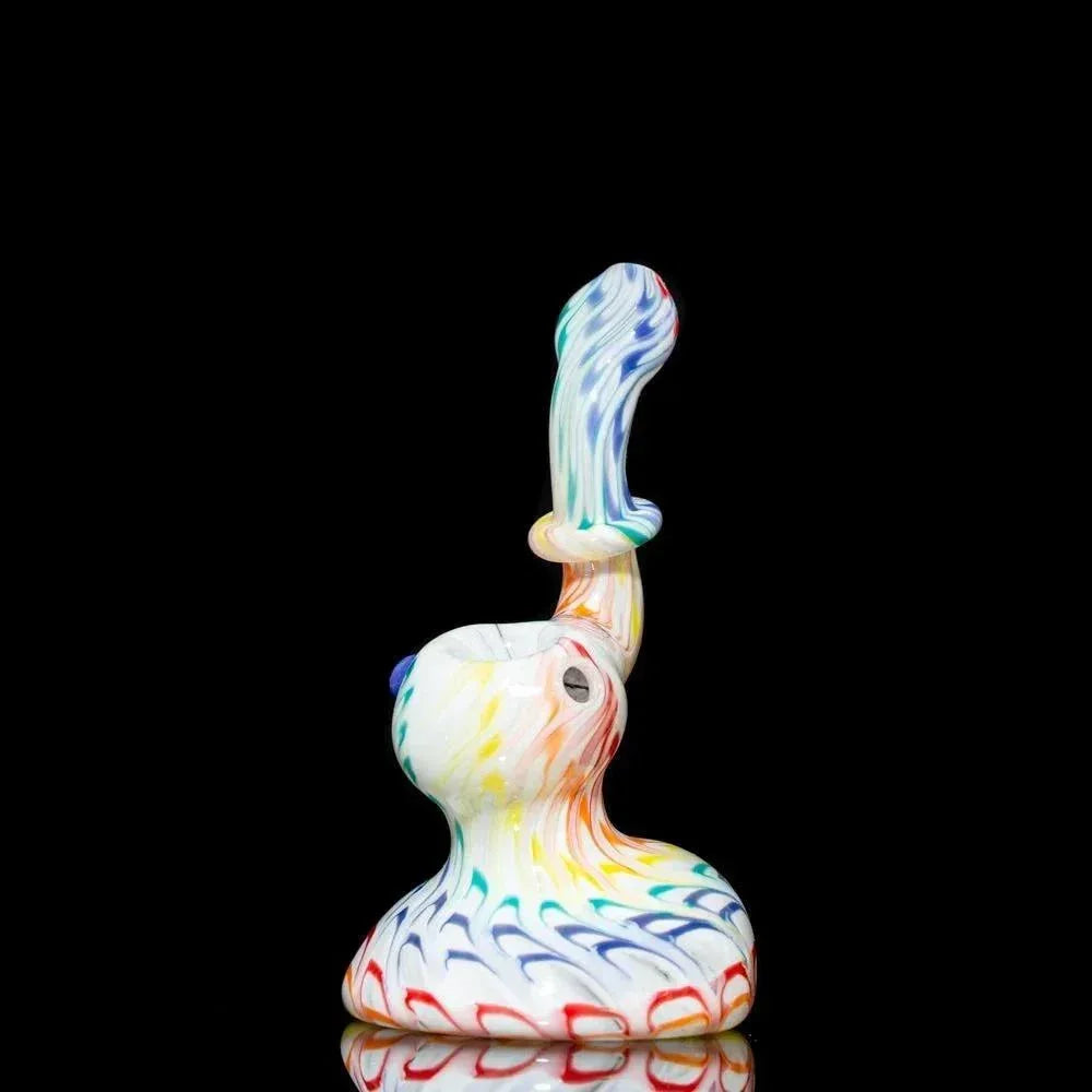 Colorful heady glass pipe with swirled rainbow patterns on black background