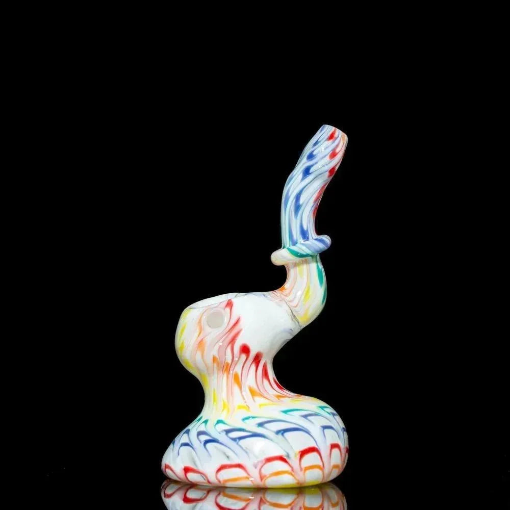Colorful heady glass pipe with swirling rainbow patterns on black background