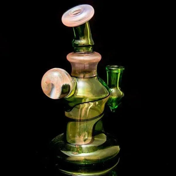 Green and pink glass bong with swirl design and dual chambers