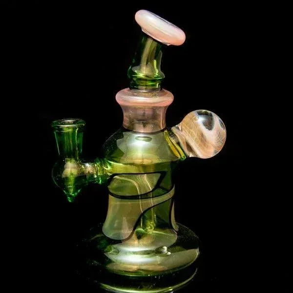 Green and pink heady glass pipe with intricate swirls and dual chambers
