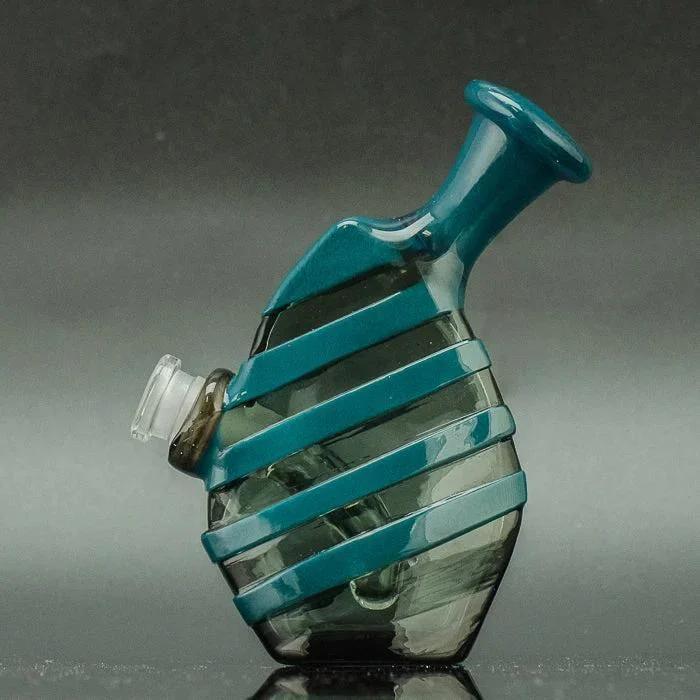Teal and clear glass pipe with spiral design, heady glass art for smoking accessories