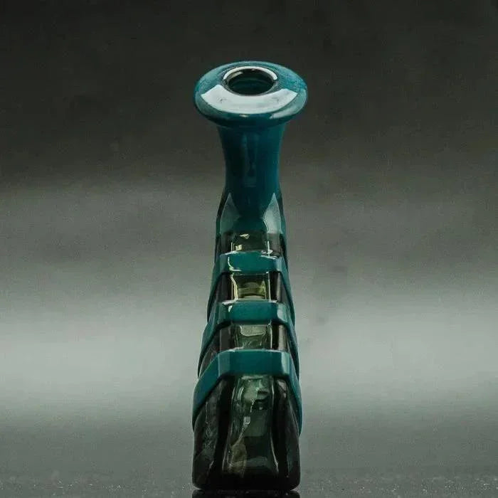 Teal and clear glass pipe with geometric bands, heady glass design