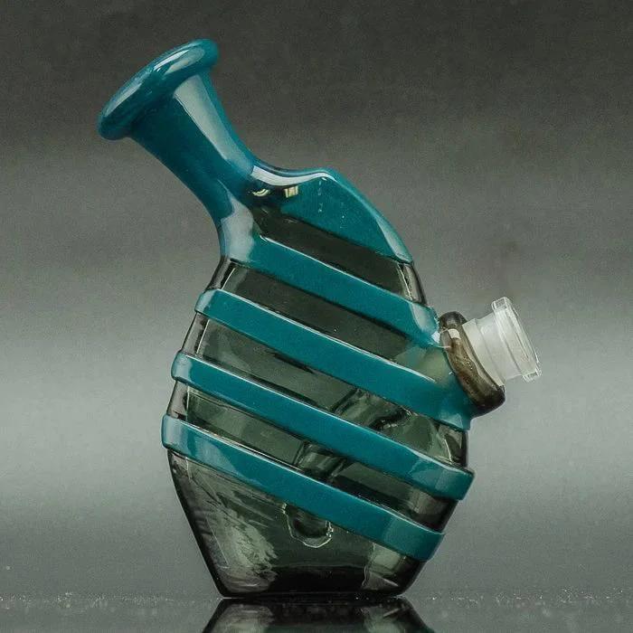 Teal and clear glass pipe with striped design, heady glass accessory for smoking