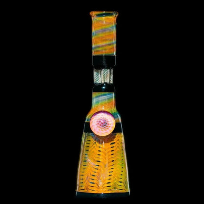Heady glass water pipe with vibrant fume patterns and a triple pillar perc, displayed on black background