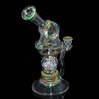 Heady glass water pipe with colorful swirl accents, scientific design on black background.