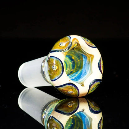 Colorful glass bowl slide with blue and gold swirls and 14mm frosted joint on black background.