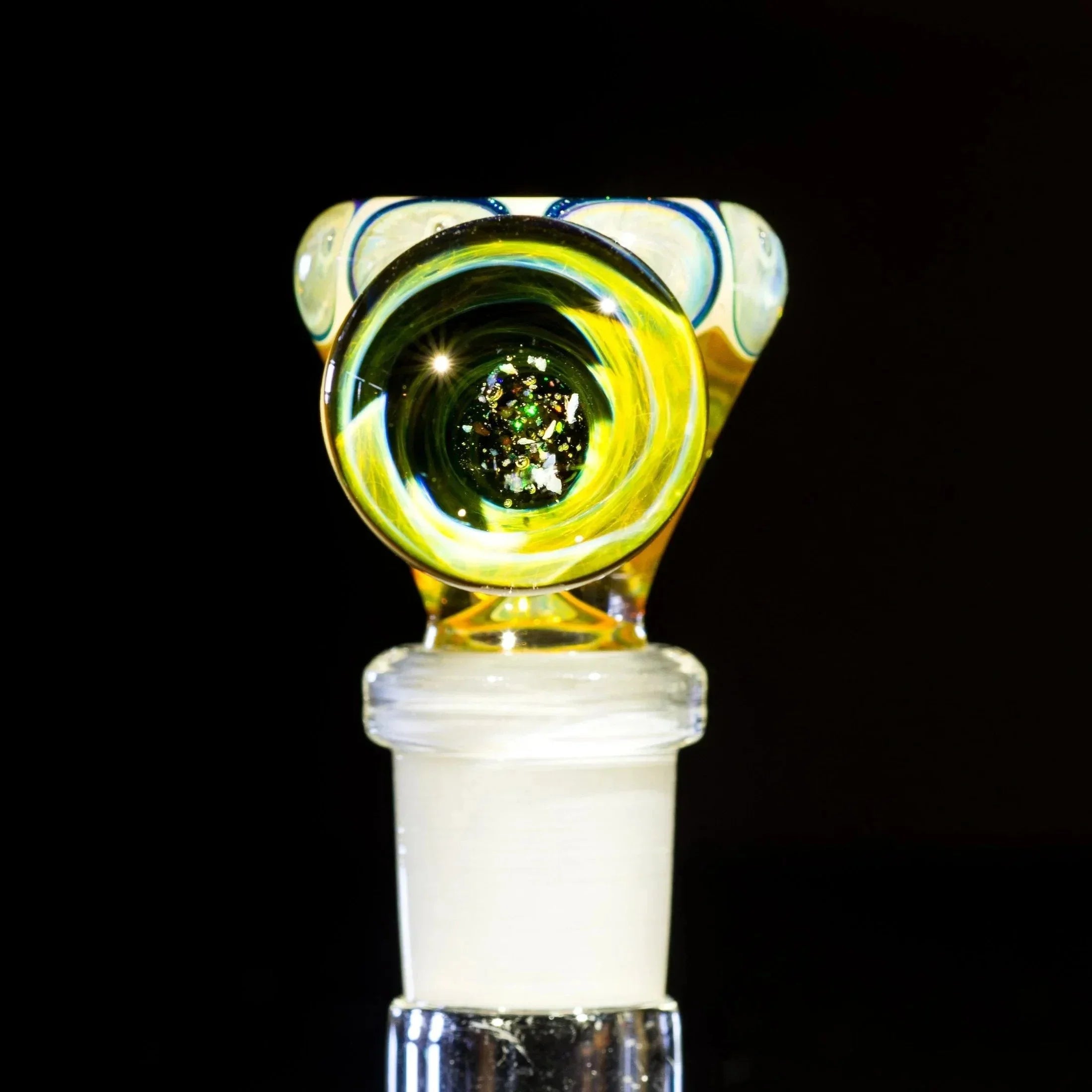 Yellow glass bowl slide with vortex design and sparkling marble for 14mm water pipe