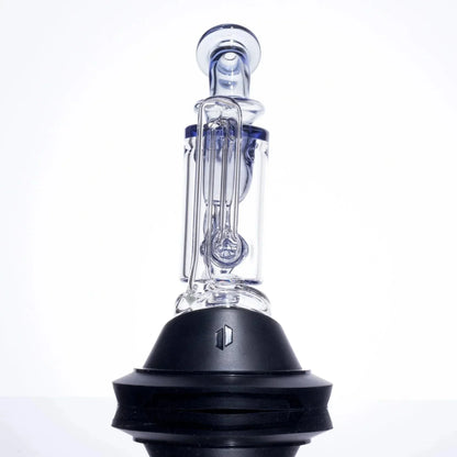 Clear glass bong with blue accents and black base, featuring intricate percolator design for smooth hits.