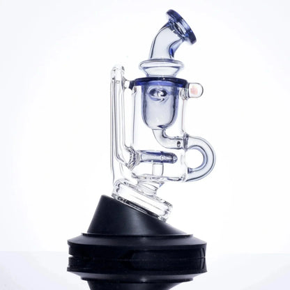 Clear glass bong with blue accents and black base, ideal for heady glass collectors
