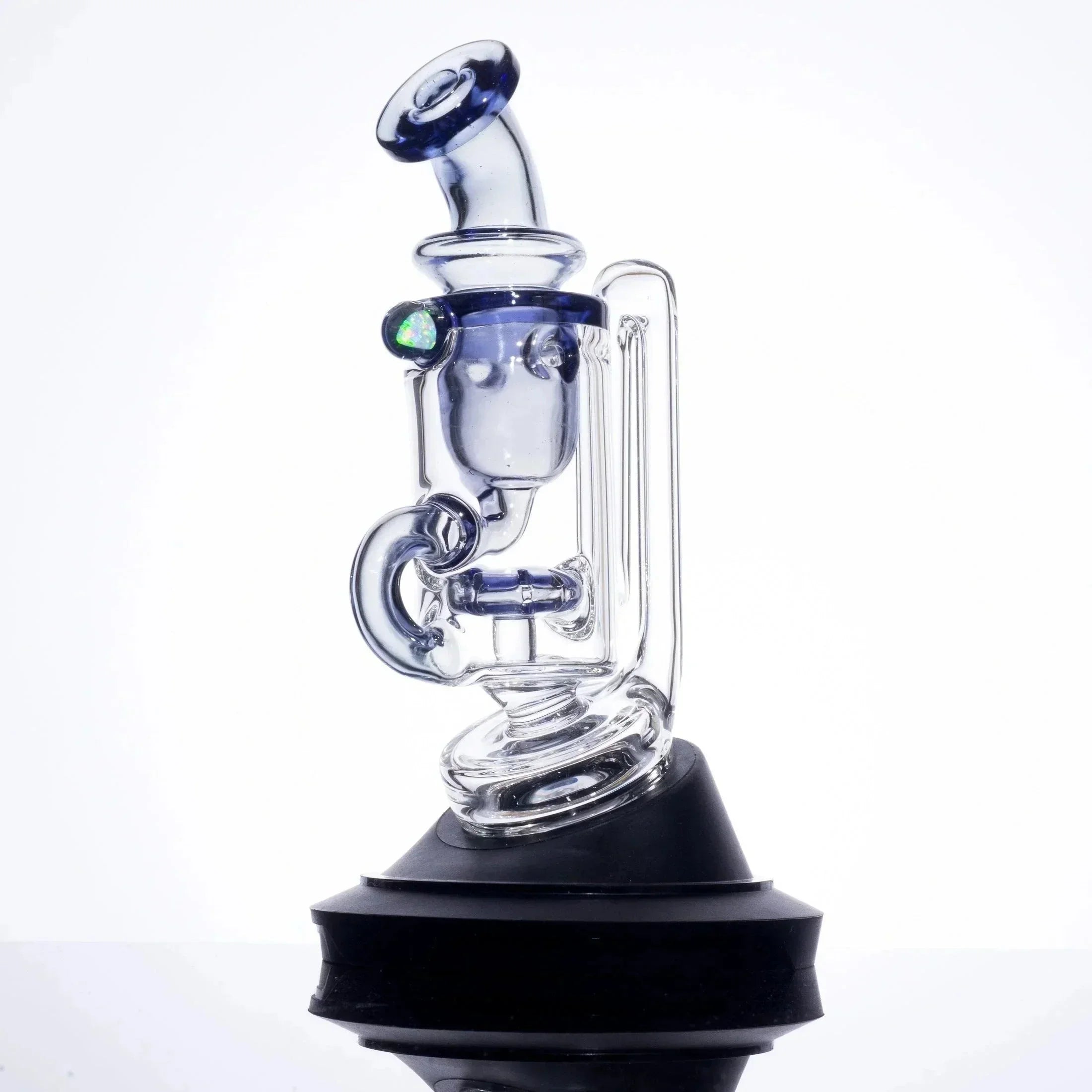 Clear glass bong with blue accents and opal glass detail, displayed on black stand