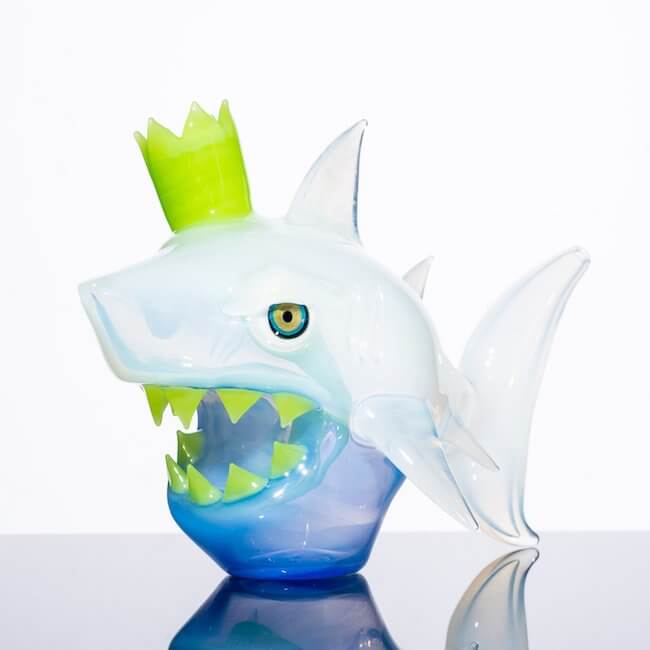 Front view of glass shark made by Niko Cray with Gluestick, Ether and Double Dose