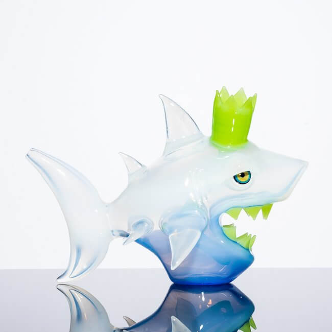 Side view of glass shark made by Niko Cray with Gluestick, Ether and Double Dose