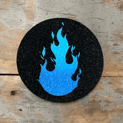 Stoked 5 inch coaster mood mat, black circular mat with blue flame logo
