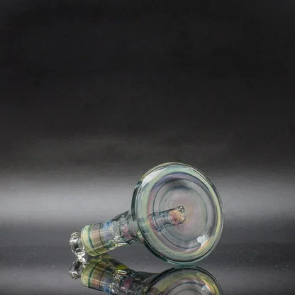 Removable glass downstem with bubble cap, iridescent finish on black background