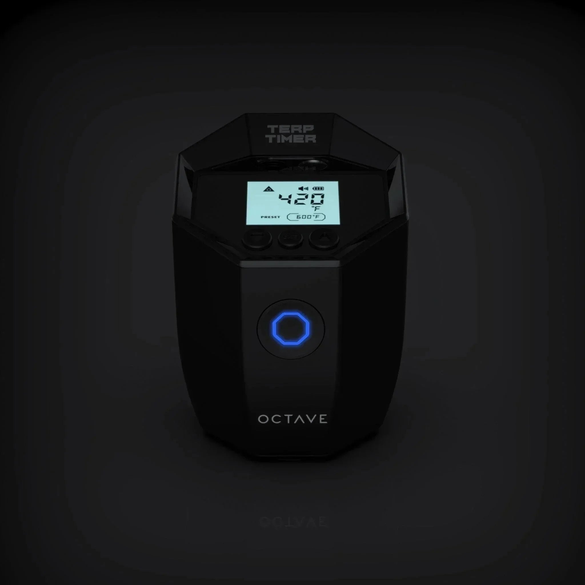 Octave Terp Timer vaporizer with digital display and blue LED, set at 420°F for precise temperature control.