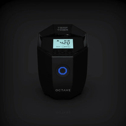 Octave Terp Timer vaporizer with digital display and blue LED, set at 420°F for precise temperature control.