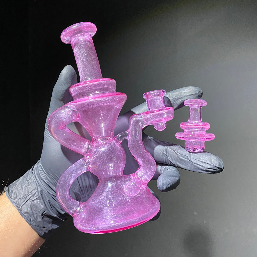 Blob Glass - Neo Purple, Gold Ruby, Phoenix & Icy White Satin Recycler w/ Matching Spinner Cap